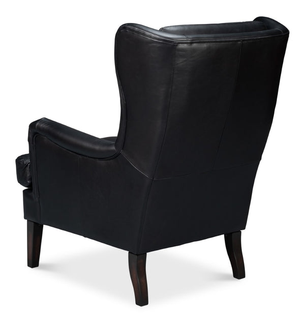 Sarreid Elite Wing Lounge Chair In Onyx Black – Luxurious Top Grain Leather & Sturdy Rubber Wood Frame Black  54120