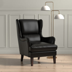 Sarreid Elite Wing Lounge Chair In Onyx Black – Luxurious Top Grain Leather & Sturdy Rubber Wood Frame Black  54120