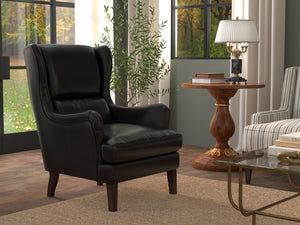 Sarreid Elite Wing Lounge Chair In Onyx Black – Luxurious Top Grain Leather & Sturdy Rubber Wood Frame Black  54120