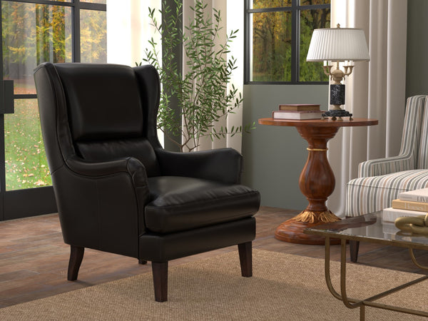 Sarreid Elite Wing Lounge Chair In Onyx Black – Luxurious Top Grain Leather & Sturdy Rubber Wood Frame Black  54120