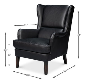 Sarreid Elite Wing Lounge Chair In Onyx Black – Luxurious Top Grain Leather & Sturdy Rubber Wood Frame Black  54120