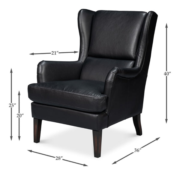 Sarreid Elite Wing Lounge Chair In Onyx Black – Luxurious Top Grain Leather & Sturdy Rubber Wood Frame Black  54120
