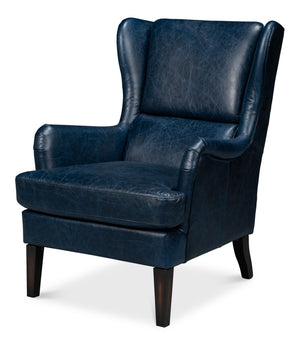 Sarreid Elite Wing Lounge Chair In Chateau Blue Leather - Luxurious Comfort With Durable Rubber Wood Frame Blue  54121