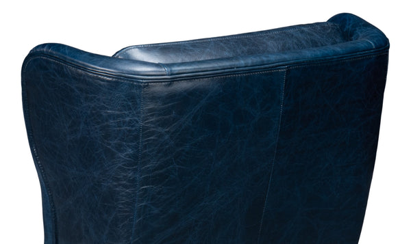 Sarreid Elite Wing Lounge Chair In Chateau Blue Leather - Luxurious Comfort With Durable Rubber Wood Frame Blue  54121