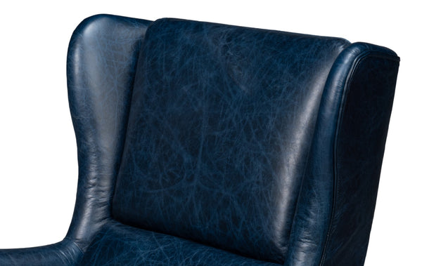 Sarreid Elite Wing Lounge Chair In Chateau Blue Leather - Luxurious Comfort With Durable Rubber Wood Frame Blue  54121