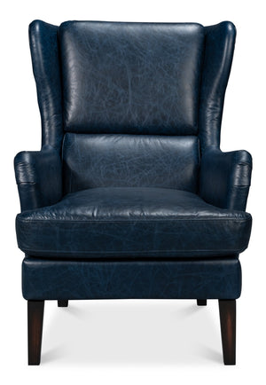 Sarreid Elite Wing Lounge Chair In Chateau Blue Leather - Luxurious Comfort With Durable Rubber Wood Frame Blue  54121