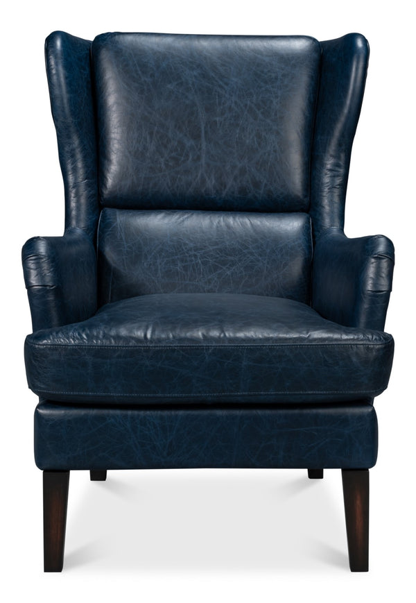 Sarreid Elite Wing Lounge Chair In Chateau Blue Leather - Luxurious Comfort With Durable Rubber Wood Frame Blue  54121