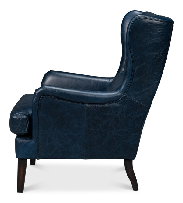 Sarreid Elite Wing Lounge Chair In Chateau Blue Leather - Luxurious Comfort With Durable Rubber Wood Frame Blue  54121