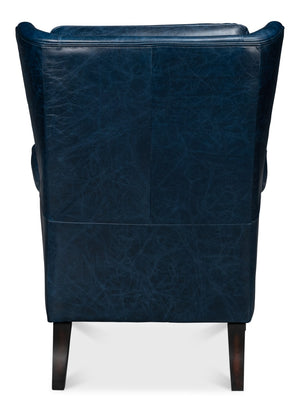 Sarreid Elite Wing Lounge Chair In Chateau Blue Leather - Luxurious Comfort With Durable Rubber Wood Frame Blue  54121