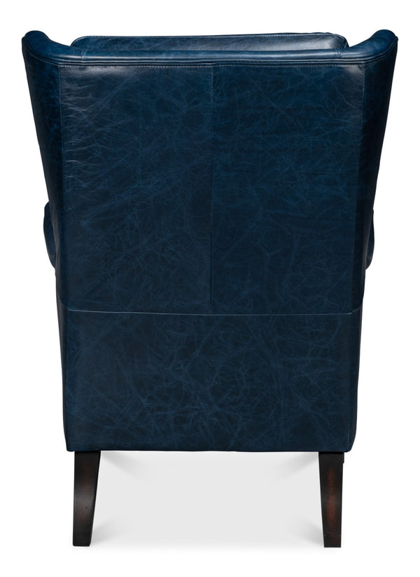 Sarreid Elite Wing Lounge Chair In Chateau Blue Leather - Luxurious Comfort With Durable Rubber Wood Frame Blue  54121