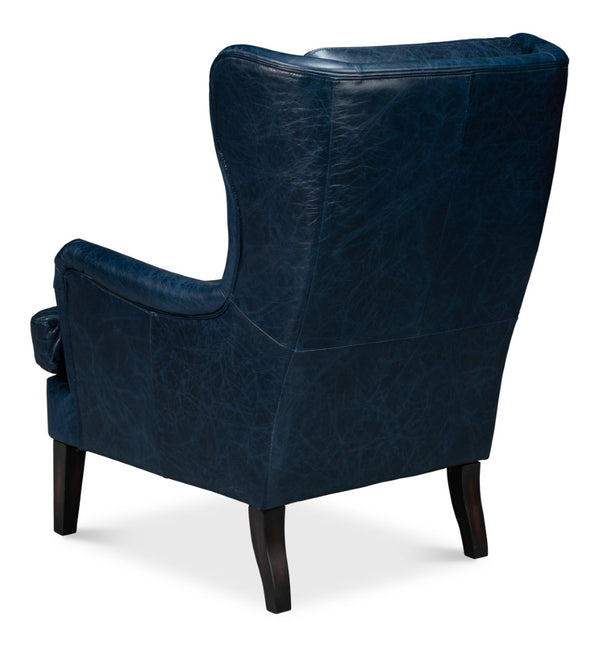 Sarreid Elite Wing Lounge Chair In Chateau Blue Leather - Luxurious Comfort With Durable Rubber Wood Frame Blue  54121