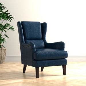 Sarreid Elite Wing Lounge Chair In Chateau Blue Leather - Luxurious Comfort With Durable Rubber Wood Frame Blue  54121