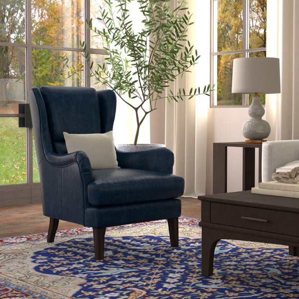 Sarreid Elite Wing Lounge Chair In Chateau Blue Leather - Luxurious Comfort With Durable Rubber Wood Frame Blue  54121