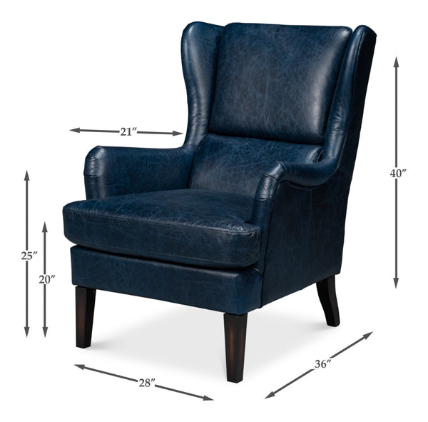 Sarreid Elite Wing Lounge Chair In Chateau Blue Leather - Luxurious Comfort With Durable Rubber Wood Frame Blue  54121