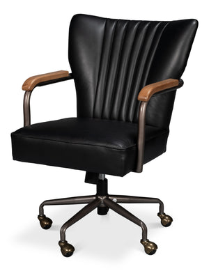 Sarreid Brooks Swivel Chair - Stylish Onyx Black Leather With Elegant Oak Base & Durable Metal Frame Black  54123