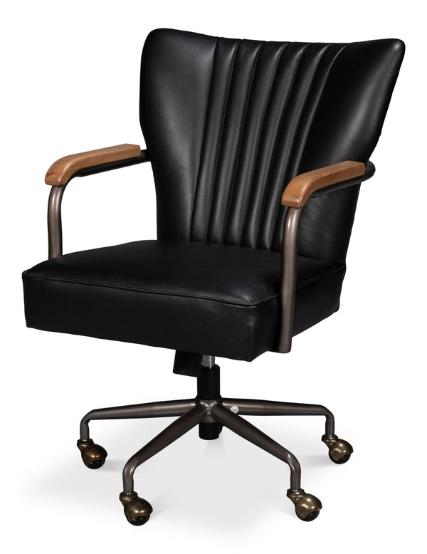Sarreid Brooks Swivel Chair - Stylish Onyx Black Leather With Elegant Oak Base & Durable Metal Frame Black  54123
