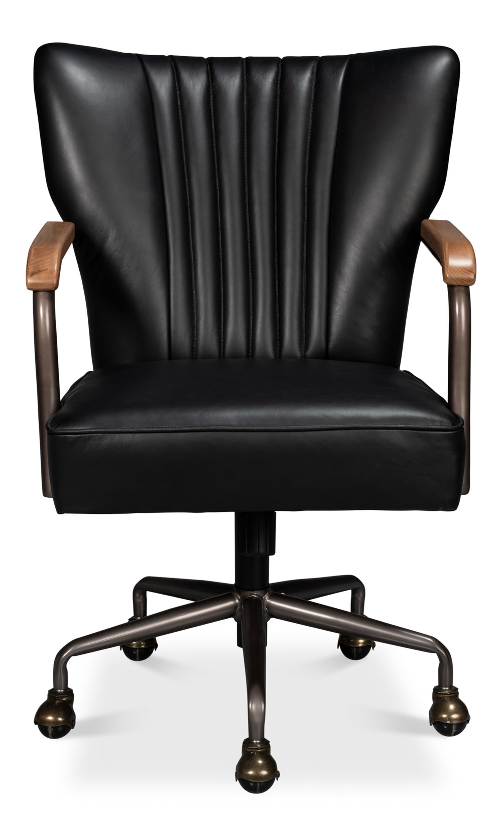 Sarreid Brooks Swivel Chair - Stylish Onyx Black Leather With Elegant Oak Base & Durable Metal Frame Black  54123