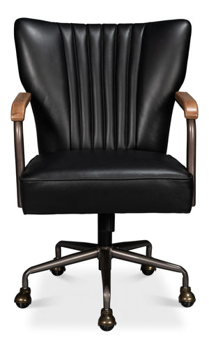 Sarreid Brooks Swivel Chair - Stylish Onyx Black Leather With Elegant Oak Base & Durable Metal Frame Black  54123