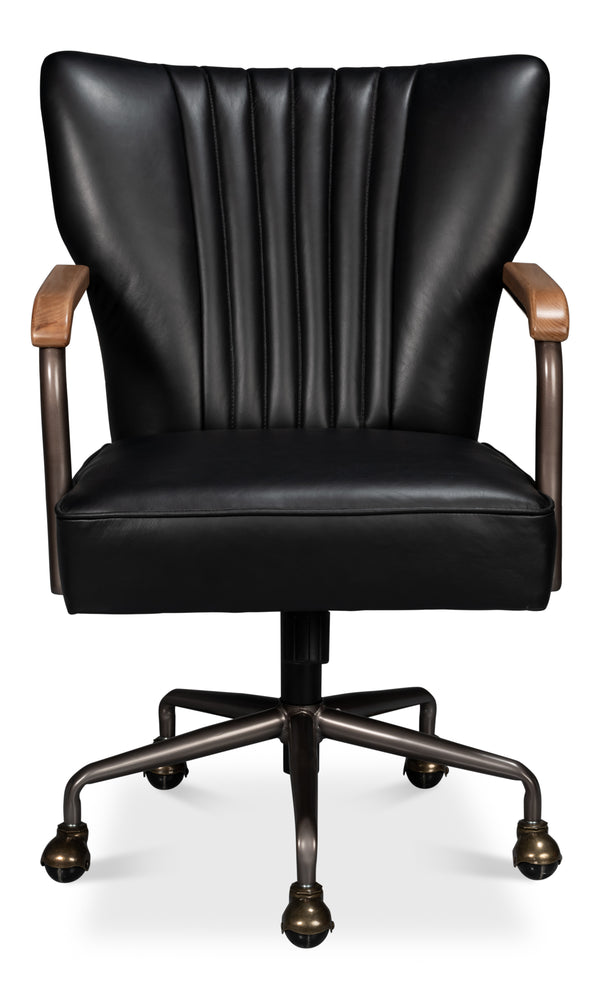 Sarreid Brooks Swivel Chair - Stylish Onyx Black Leather With Elegant Oak Base & Durable Metal Frame Black  54123