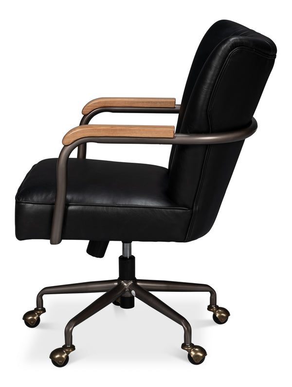 Sarreid Brooks Swivel Chair - Stylish Onyx Black Leather With Elegant Oak Base & Durable Metal Frame Black  54123