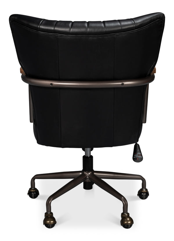 Sarreid Brooks Swivel Chair - Stylish Onyx Black Leather With Elegant Oak Base & Durable Metal Frame Black  54123