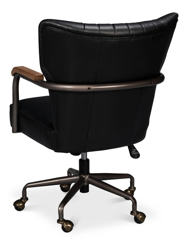 Sarreid Brooks Swivel Chair - Stylish Onyx Black Leather With Elegant Oak Base & Durable Metal Frame Black  54123