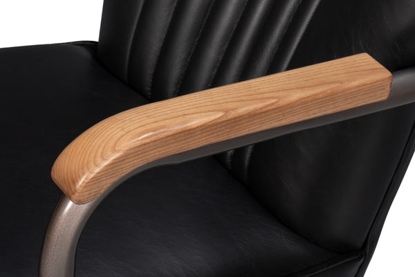 Sarreid Brooks Swivel Chair - Stylish Onyx Black Leather With Elegant Oak Base & Durable Metal Frame Black  54123