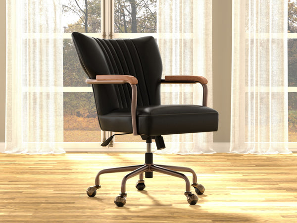 Sarreid Brooks Swivel Chair - Stylish Onyx Black Leather With Elegant Oak Base & Durable Metal Frame Black  54123