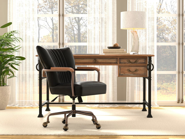 Sarreid Brooks Swivel Chair - Stylish Onyx Black Leather With Elegant Oak Base & Durable Metal Frame Black  54123