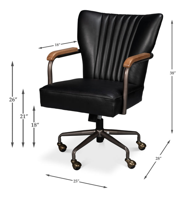 Sarreid Brooks Swivel Chair - Stylish Onyx Black Leather With Elegant Oak Base & Durable Metal Frame Black  54123