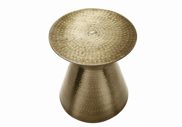 English Elm Accent Drum End Table with Hammered Metal Finish — 22" Handcrafted Cone Shape for Chic Living Spaces Gold 23 L x 23 W x 19 H B2710P219458