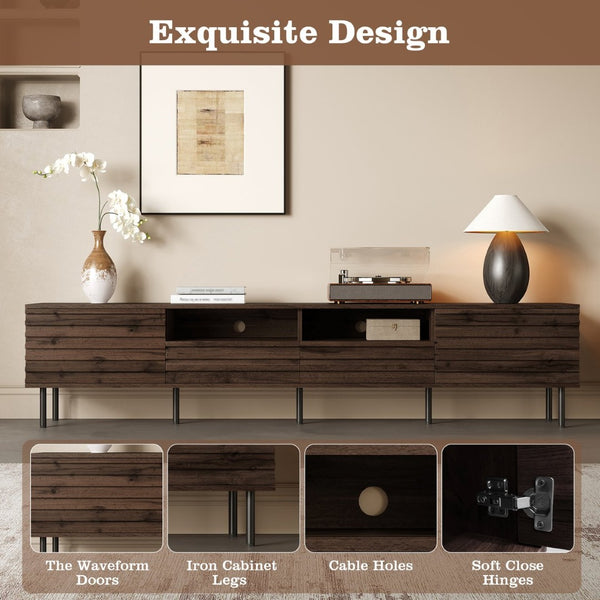 English Elm 78 Inch Walnut Media Console with Slatted Doors Iron Legs and Cable Management N710P373591Q