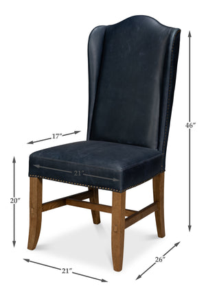 Sarreid Mercado High Back Dining Chair Set Of 2 - Luxurious Top Grain Blue Leather For Stylish Dining Spaces Blue  54130