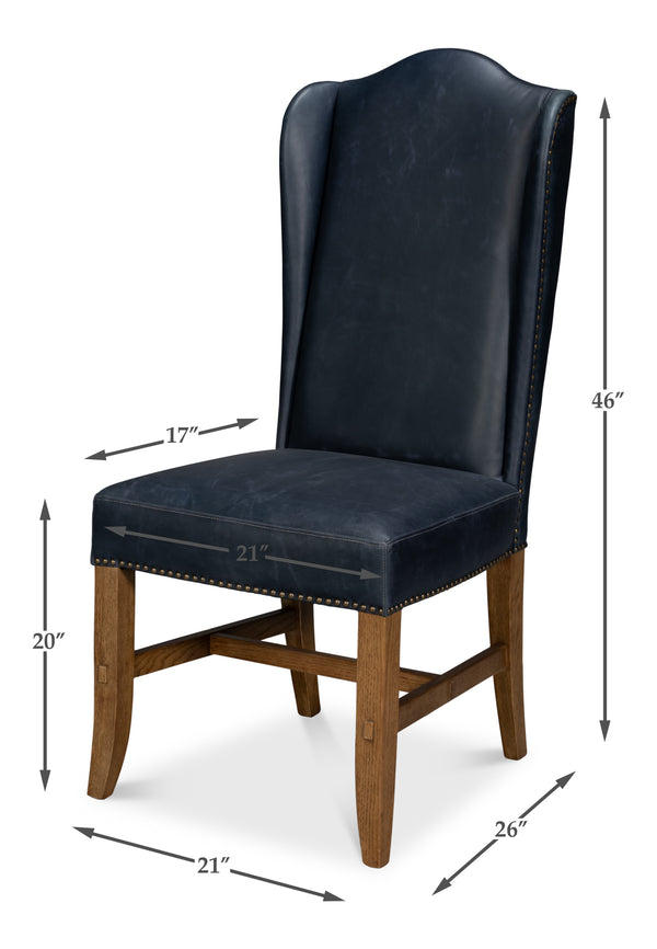 Sarreid Mercado High Back Dining Chair Set Of 2 - Luxurious Top Grain Blue Leather For Stylish Dining Spaces Blue  54130