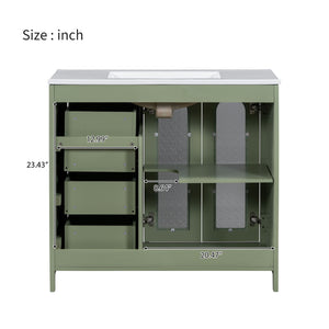 English Elm 36-inch ceramic basin vanity with patterned glass doors, gold round handles & ample storage drawers Green N729P184710F