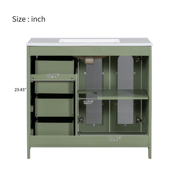 English Elm 36-inch ceramic basin vanity with patterned glass doors, gold round handles & ample storage drawers Green N729P184710F