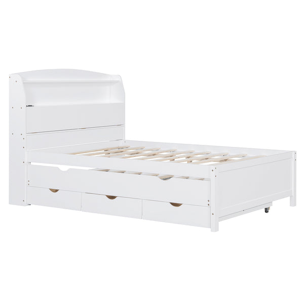 English Elm Full Size Wooden Led Platform Bed With Trundle, Storage Headboard, Usb Ports, And Drawers In White N820S10009K