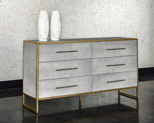Sunpan VENICE Dresser - Luxurious Grey Shagreen Six-Drawer Storage with Antique Brass Accents for Glam Spaces 105441