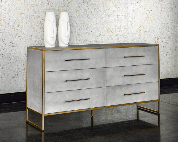 Sunpan VENICE Dresser - Luxurious Grey Shagreen Six-Drawer Storage with Antique Brass Accents for Glam Spaces 105441