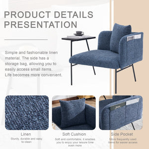 English Elm Leisure Linen Accent Chair with Built-in Side Table Pockets and Lumbar Pillow Modern Navy W395P453310