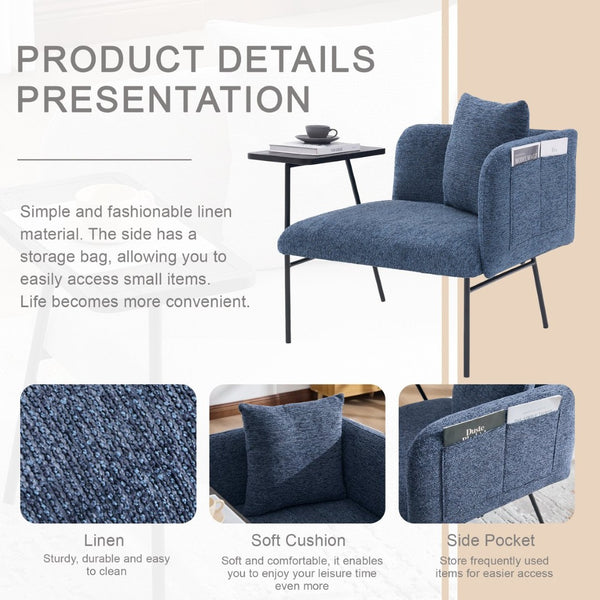 English Elm Leisure Linen Accent Chair with Built-in Side Table Pockets and Lumbar Pillow Modern Navy W395P453310