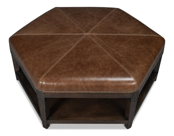 Sarreid Bertram Ottoman Leather - Luxurious Top Grain Leather With Elegant Ash Wood Base For Stylish Comfort Brown  54151