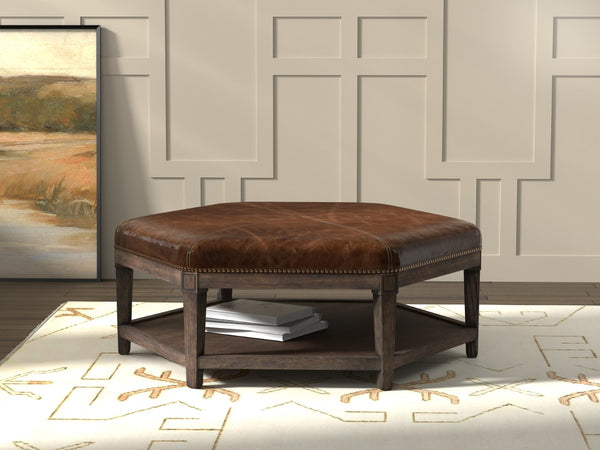 Sarreid Bertram Ottoman Leather - Luxurious Top Grain Leather With Elegant Ash Wood Base For Stylish Comfort Brown  54151