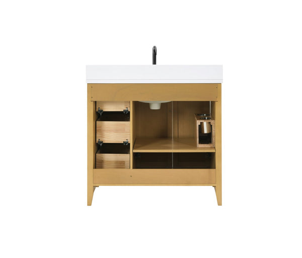 English Elm 36 Inch Solid Wood Bathroom Vanity with Built-in Power Station and Soft-close Drawers W2316P380508