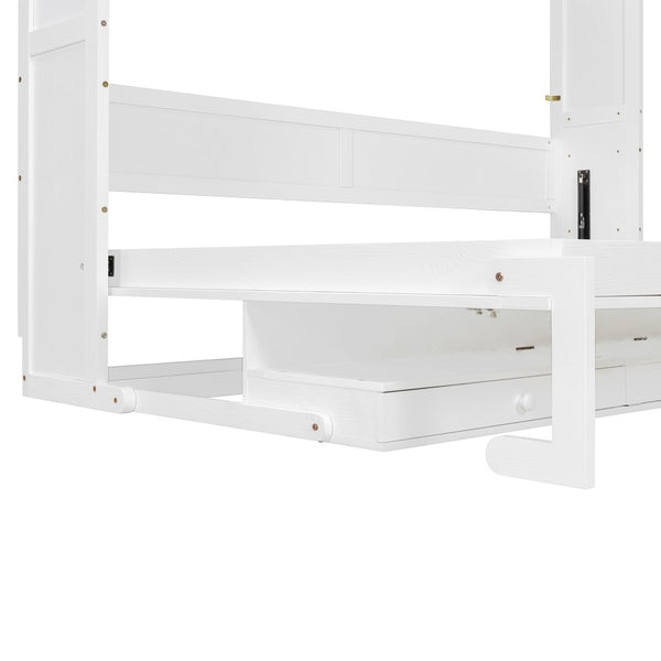 English Elm Queen Murphy Bed Cabinet with Vanity Desk Hydraulic Lift Mirror Distressed Finish White LP000766AAK-1