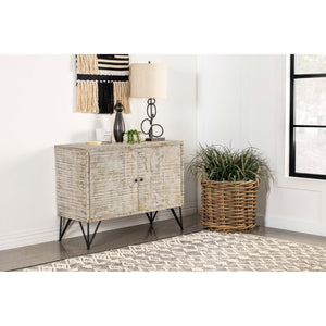 English Elm Eileen Rustic White Washed 2-Door Mango Wood Cabinet with Metal Legs, Interior Shelf, 30"H x 40"W B062P344990