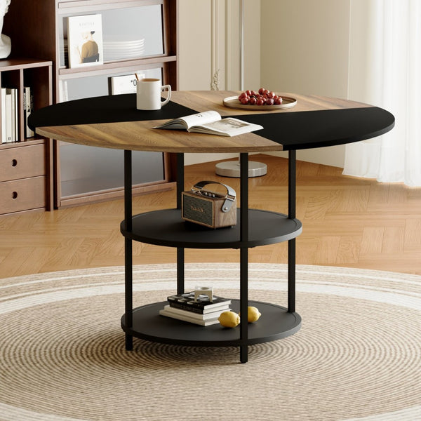 English Elm 47.3-inch Round Dining Table Geometric Wood Black Mdf Top with Built-in Storage Shelf W1151P268732