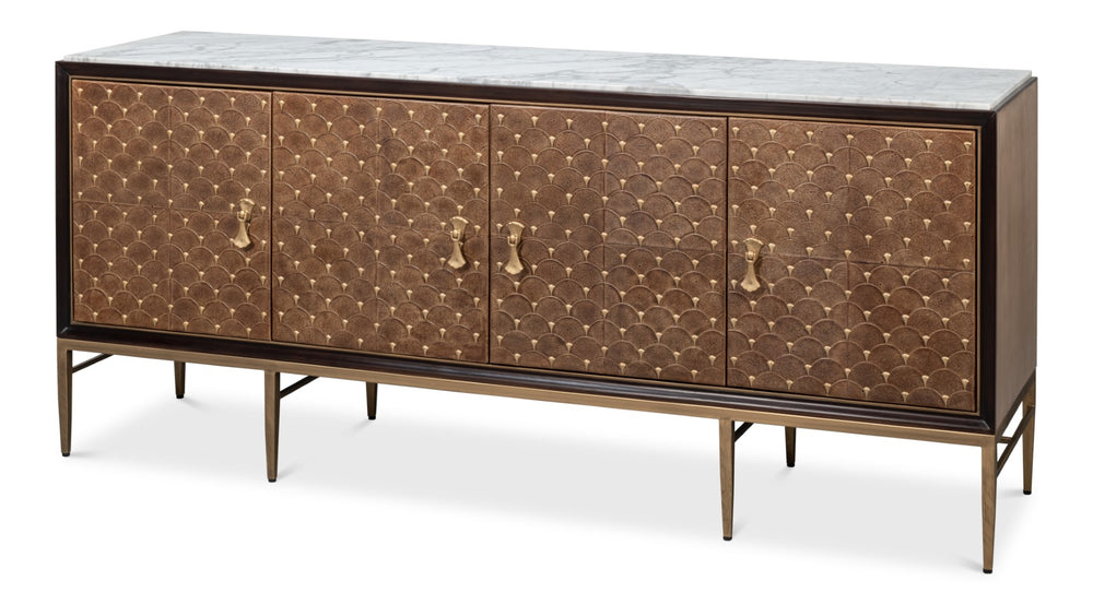 Sarreid Palisade Shagreen Credenza: Elegant Italian Marble Design With Wood, Metal, And Leather Accents Tan  54161
