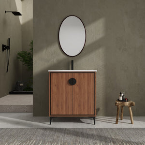 English Elm 30 LEVISTAR Bathroom Vanity with Drop-In Ceramic Sink, 2-Door Engineered Wood Cabinet, Brown, 30" W1972S00002