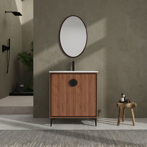 English Elm 30 LEVISTAR Bathroom Vanity with Drop-In Ceramic Sink, 2-Door Engineered Wood Cabinet, Brown, 30" W1972S00002